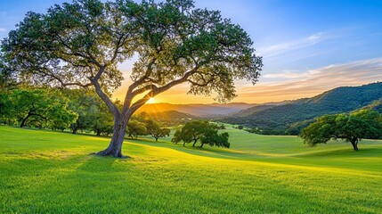 Fototapeta premium Sunrise over lush meadow, golden light filtering through trees, peaceful and serene landscape
