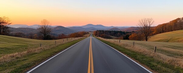 Obraz premium Adventurous road trip through nature, steering through picturesque hills at sunset
