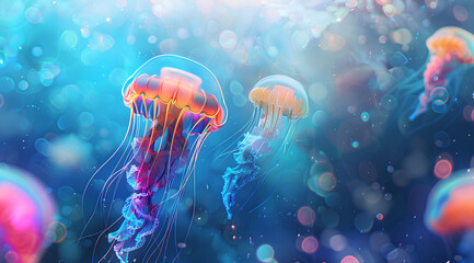 Jellyfish, cute, in the style of anime, colorful, against a blue background, with glowing light effects, a dreamy atmosphere, in a fantasy world, digital art, like a watercolor painting, underwater