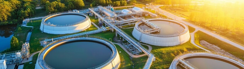 Aerial shot of a wastewater treatment facility, circular tanks, golden sunset glow, clean water management