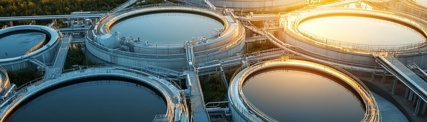 Aerial shot of a wastewater treatment facility, circular tanks, golden sunset glow, clean water management