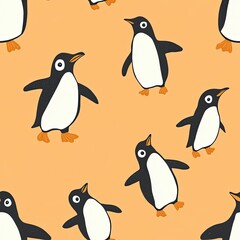 Naklejka premium A Seamless Pattern of Adorable Cartoon Penguins on an Orange Background