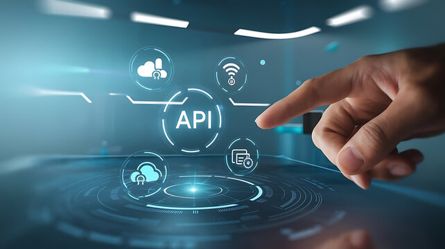 API interface, Application programming interface, Businessmen Interacting with a Futuristic API Interface, business technology, API integration