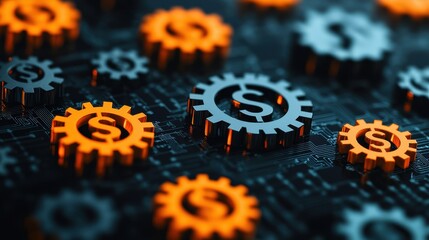 A digital image featuring gears in orange and black, highlighting dollar signs, symbolizing finance, industry, and technology.
