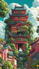 Fototapeta premium Vibrant Flat Style Poster with Nature and Architecture