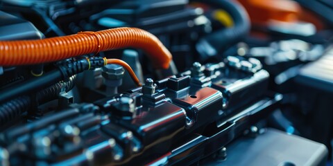 battery inside electric car close up shot motor power energy wire