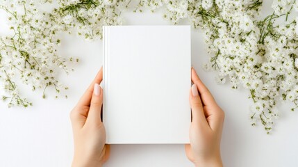 A person's hands are holding a blank white book surrounded by small white flowers
