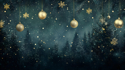 Fototapeta premium Festive Christmas night scene with a rich forest green background adorned with glittering golden ornaments and delicate snowflakes falling softly