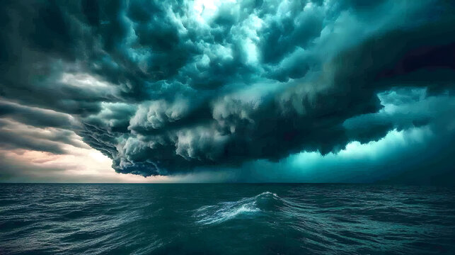 Ominous dark clouds looming over a calm ocean just before a storm