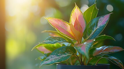A close-up shot of a vibrant green and pink houseplant with sun rays shining through the leaves.