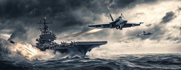 A jet fighter flying over an aircraft carrier in the ocean, with dark clouds and rough waves
