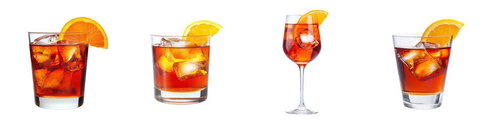 Assorted colorful cocktail drinks with ice orange slices and lemon garnishes served in various glassware on a transparent backdrop perfect for a festive and lively social setting