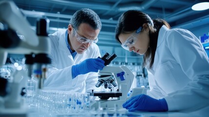 Two scientists, a man and a woman, are intently examining samples under a microscope in a well-equipped laboratory