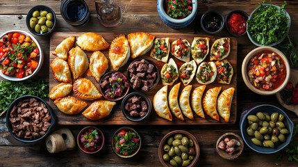 Savory Argentine empanadas arranged in a colorful pattern on a rustic board filled with beef onions and olives ready for sharing
