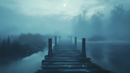Mysterious foggy wooden bridge over dark river waters at dawn with misty atmospheric vibes and an eerie sense of adventure. Enchanted. Illustration
