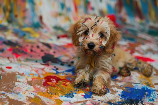 Making A Mess. Puppy Painting: Cute Dog Creating Artistic Color Image
