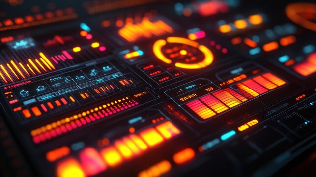 Closeup of a futuristic, glowing interface with dials and graphs.