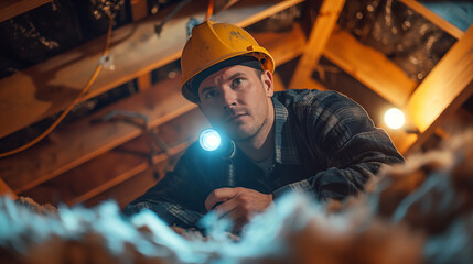 Worker in hardhat inspects attic with torch light.