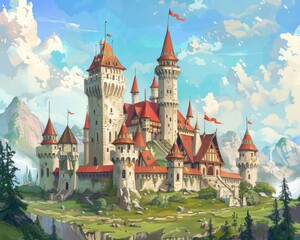 Naklejka premium Medieval Cartoon. Fantasy Princess Castle in Wonderland Architecture