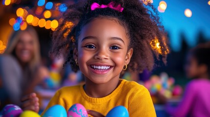 A smiling girl with painted eggs enjoys a festive gathering beneath string lights, emanating warmth, cheer, and the joy of being surrounded by loved ones.