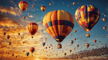 Naklejka premium Hot air balloon in the sunny sky backdrop background colorful hd wallpaper
