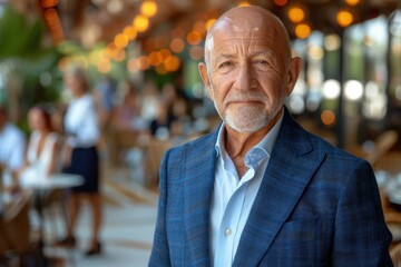An eloquent businessman standing confidently in a bustling cafe setting, embodying professionalism amidst a vibrant, sociable atmosphere