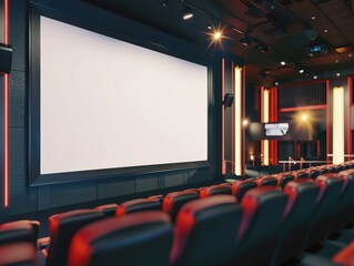 Movie Template. Blank Poster Frame in Cinema Theatre Wall Mockup
