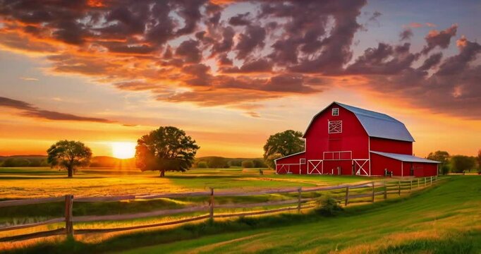A picturesque sunset over a red barn in a serene rural landscape.