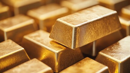 A close-up view of stacked gold bars showcasing their shiny, reflective surfaces and rich color, symbolizing wealth and prosperity.
