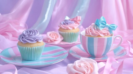 Colorful cupcakes with decorative frosting and roses on pastel plates.