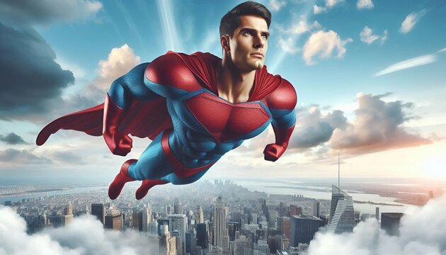Superman, the superhero flies over the city. 