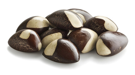 A bundle of Brazil nuts showing smooth shells and creamy interiors on white background