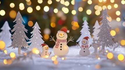 Create a cozy paper cut winter scene featuring charming snowmen and pine trees for your holiday decor