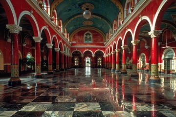 Fototapeta premium A majestic interior with vibrant red and turquoise arches and a reflective marble floor providing an awe-inspiring and spacious architectural ambiance