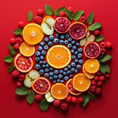 Fruit symmetrical mandala art on red background