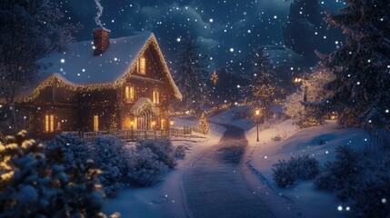 Fototapeta premium Charming Snowy Road Leading to a Beautifully Decorated Home in Christmas Style - A Delightful Evening Photo for a New Year's Postcard