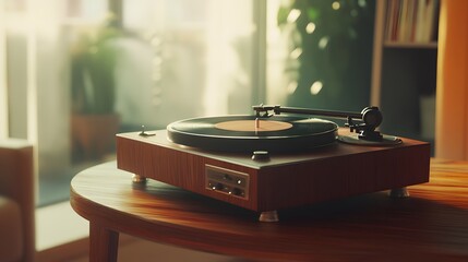 A vintage record player with an old vinyl record on it, placed in the center of a wooden table, with a blurred background that suggests cozy living room decor.