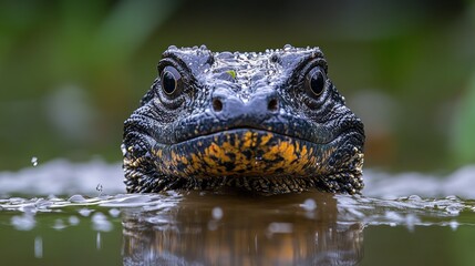 Fototapeta premium Close-up of a lizard emerging from water with droplets.