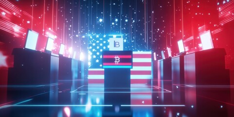 A futuristic scene combining the presidential election and cryptocurrency, with giant crypto symbols like Bitcoin, Ethereum, and blockchain nodes glowing behind a digital voting booth. 
