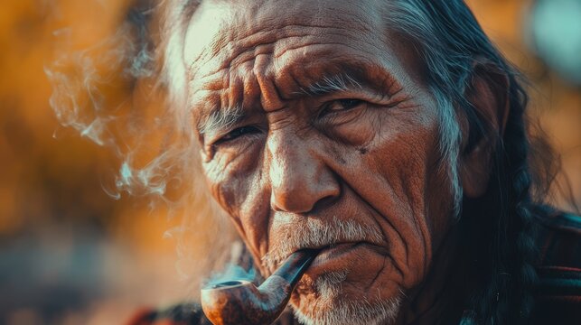 A North American Indian sits and smokes a pipe of peace
