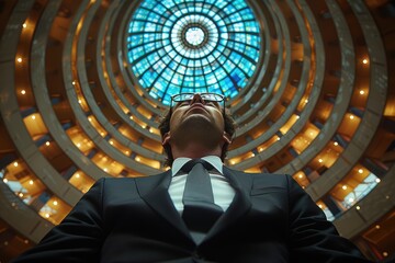 Businessman standing confidently beneath an awe-inspiring atrium dome with a stained glass design in a modern architectural office building