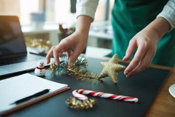 Office Party Cleanup - Festive Decorations Removal. A close-up shot of hands removing festive...