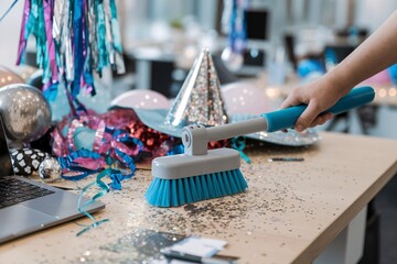 Office Cleanup After Celebration. A close-up of a hand using a small brush to sweep glitter and confetti off a wooden table after a celebration, likely in an office setting.