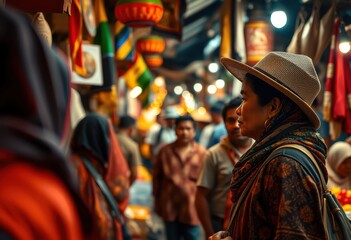 Fototapeta premium Woman Exploring a Vibrant Market Filled with Culture and Color