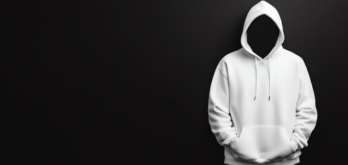 Obraz premium Faceless figure in a white hoodie against a black background.