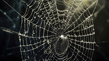 Fototapeta premium Detailed Dew-Covered Spider Web Glows in Dim Light, Capturing Nature’s Intricate Patterns and Beauty