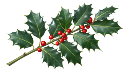 Top Adobe Stock Holly Plant Image - Realistic Digital Illustration of Holly Branch with Glossy Dark Green Leaves and Red Berries, Full HD, 4K Stock Photo, PNG Transparent Background, Download