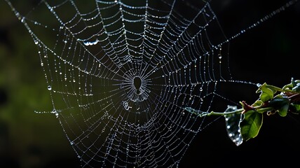 Detailed Dew-Covered Spider Web Glows in Dim Light, Capturing Nature’s Intricate Patterns and Beauty