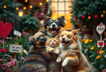 Obraz premium Adorable Pets Enjoying a Colorful Garden Together