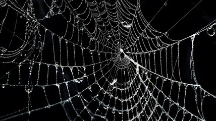 Spider Web with Dew Drops, Capturing Nature&rsquo;s Delicate Design and Mysterious Beauty on Black Background
